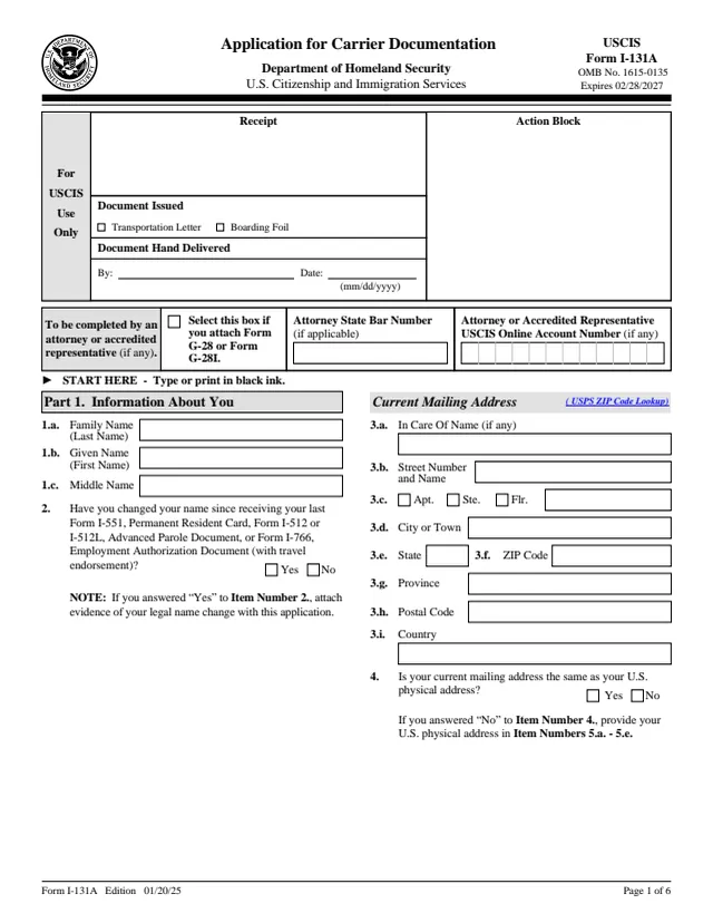 Page 1 of form I-131A