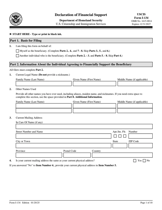 Page 1 of form I-134