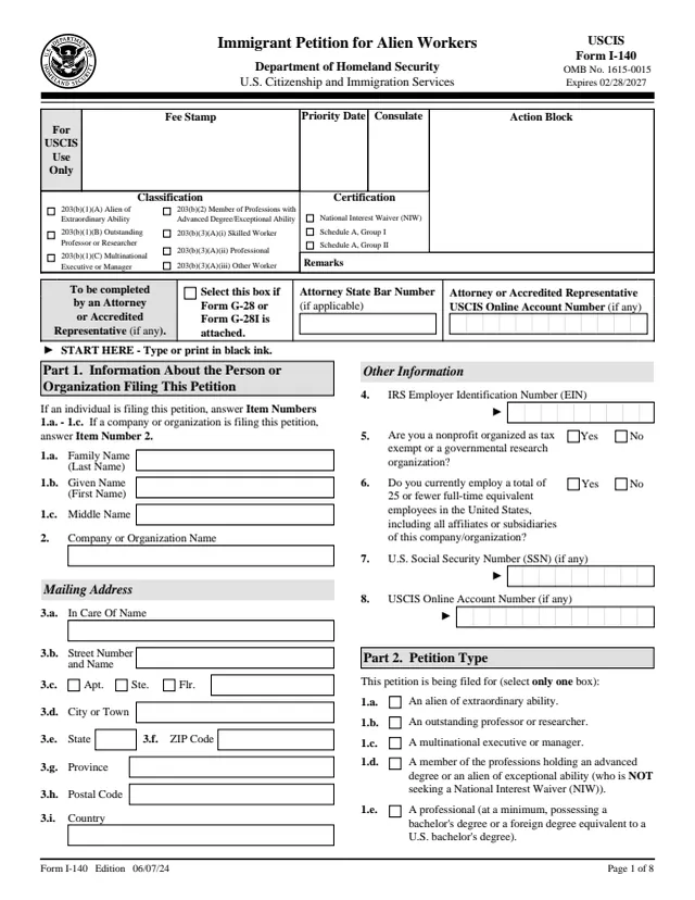 Page 1 of form I-140
