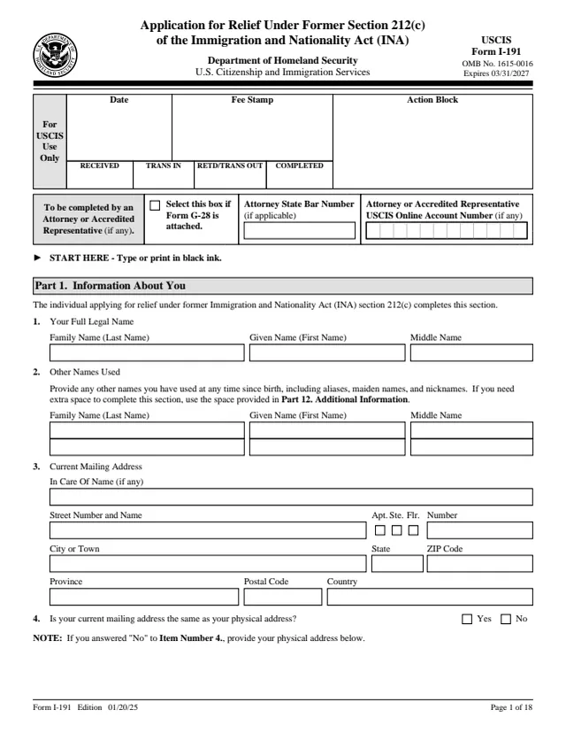 Page 1 of form I-191