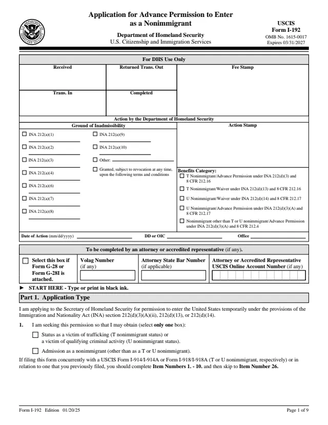 Page 1 of form I-192