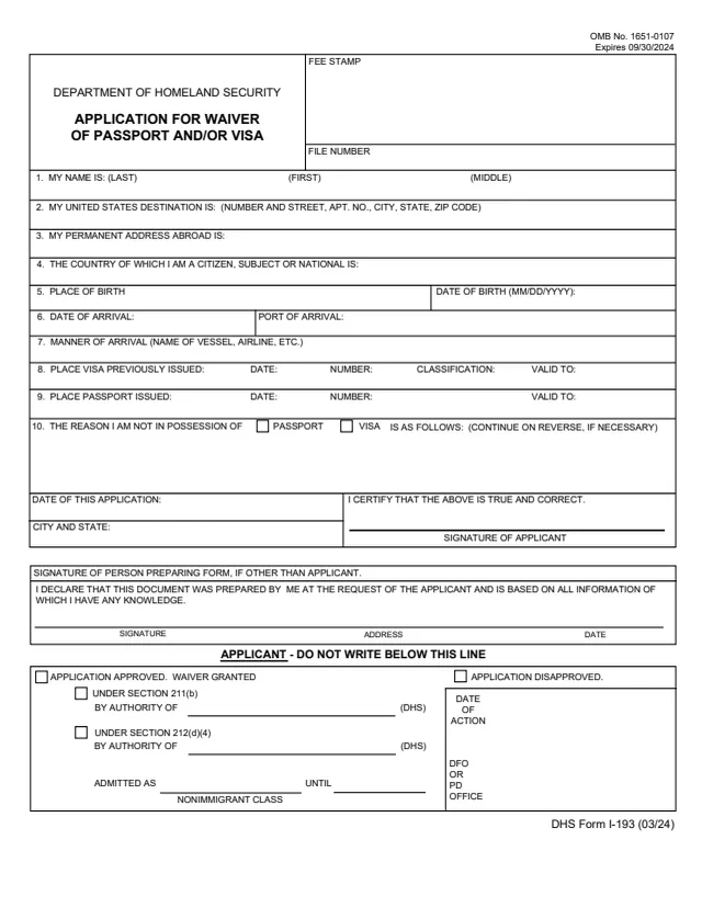 Page 1 of form I-193