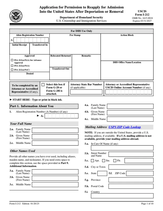 Page 1 of form I-212