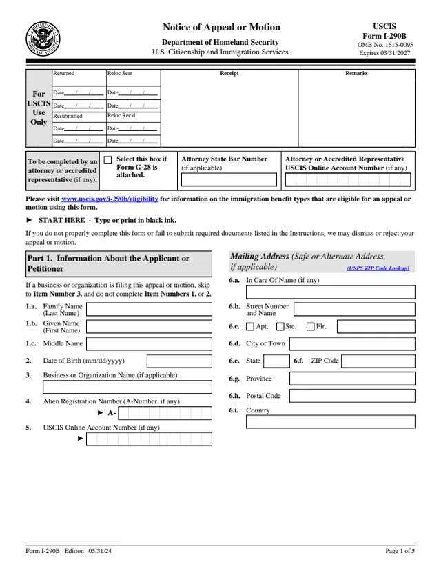 Page 1 of form I-290B