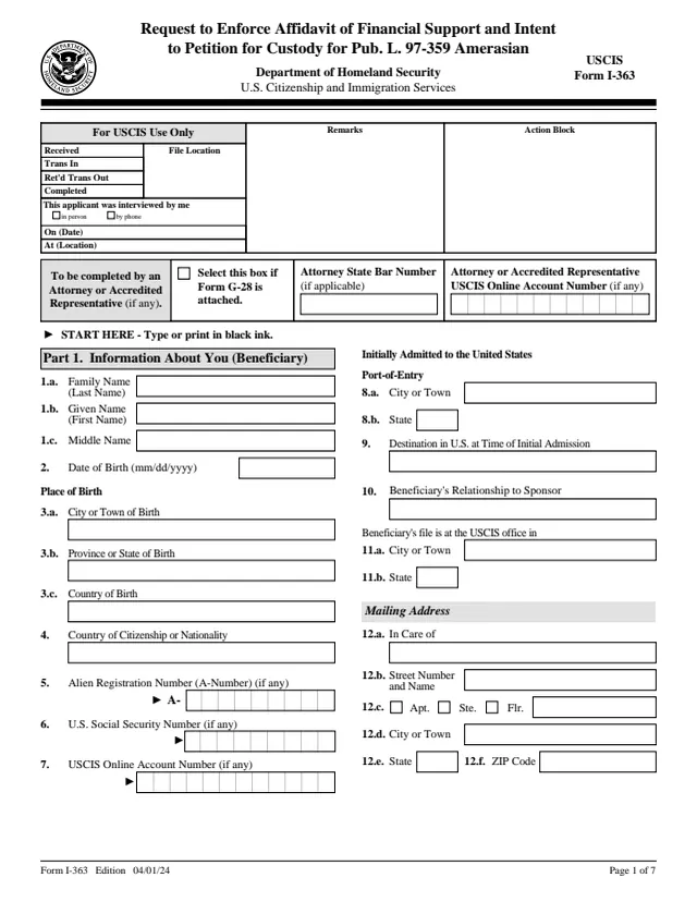 Page 1 of form I-363