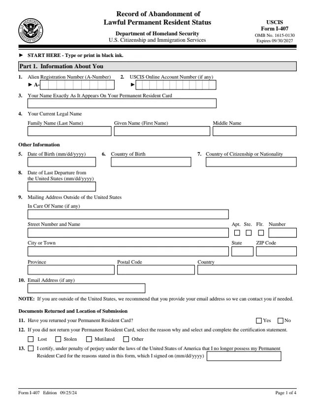 Page 1 of form I-407