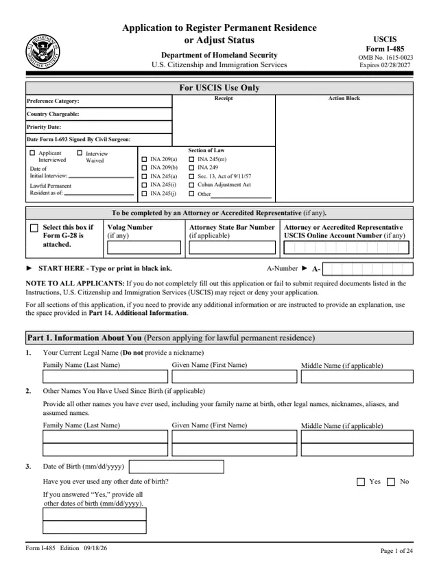 Page 1 of form I-485