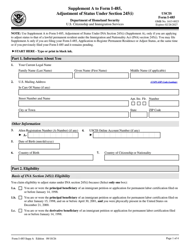 Page 1 of form I-485 Supp. A