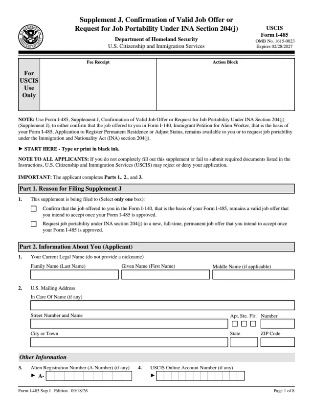 Page 1 of form I-485 Supp. J