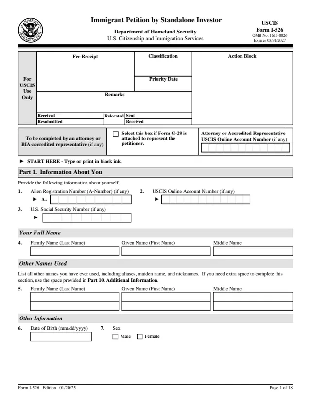 Page 1 of form I-526