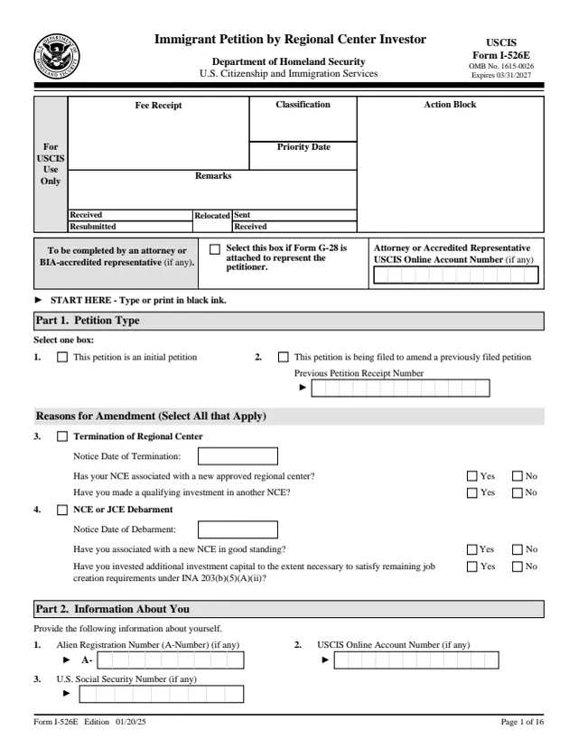 Page 1 of form I-526E