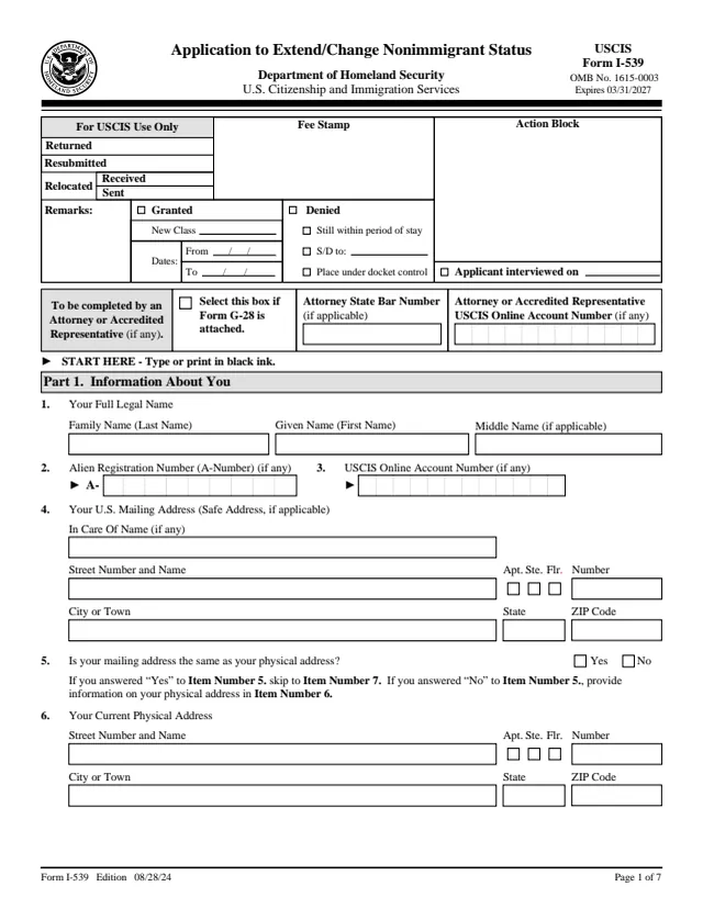 Page 1 of form I-539