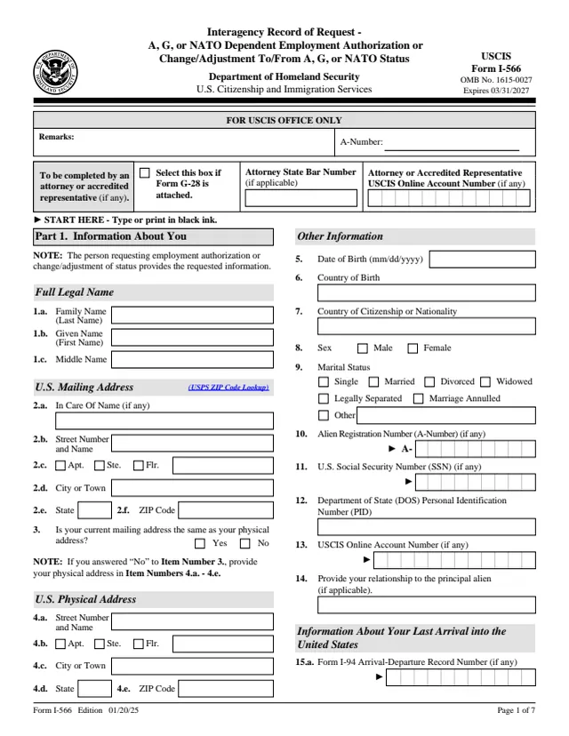 Page 1 of form I-566