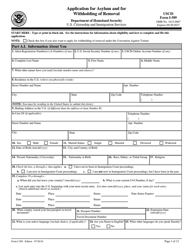 Page 1 of form I-589