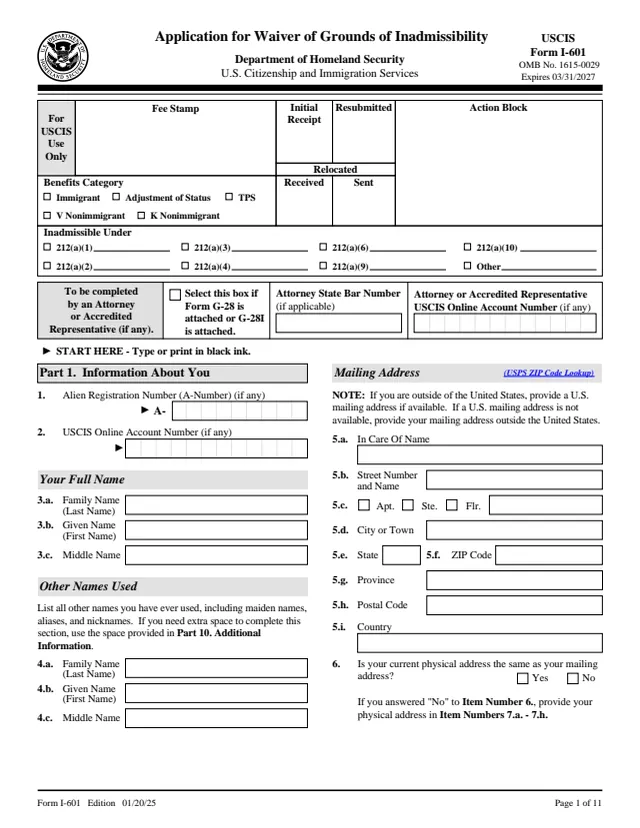 Page 1 of form I-601