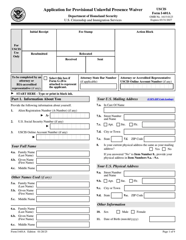 Page 1 of form I-601A