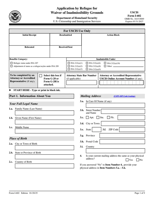 Page 1 of form I-602