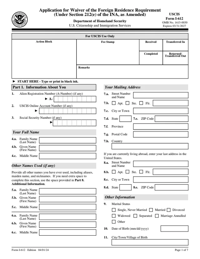 Page 1 of form I-612