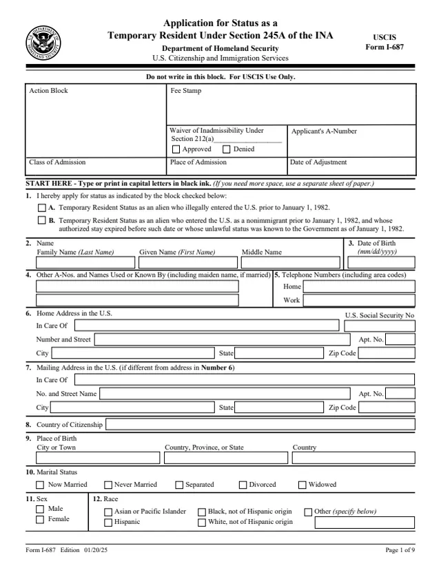 Page 1 of form I-687