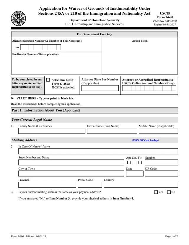 Page 1 of form I-690