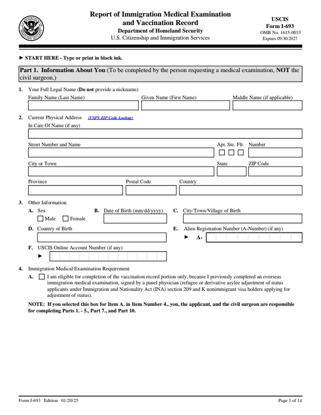 Page 1 of form I-693