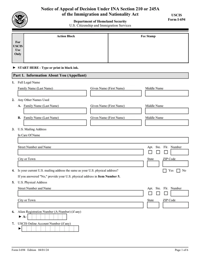 Page 1 of form I-694