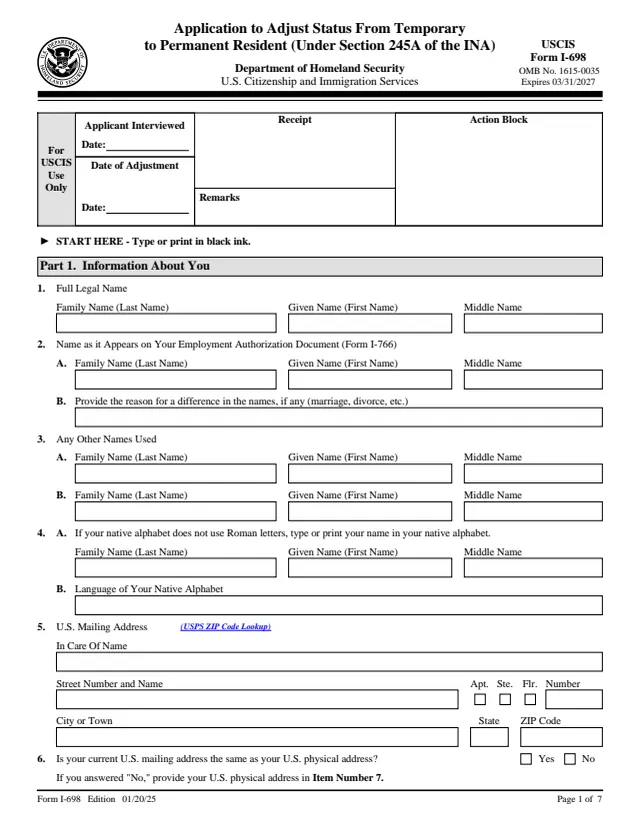 Page 1 of form I-698