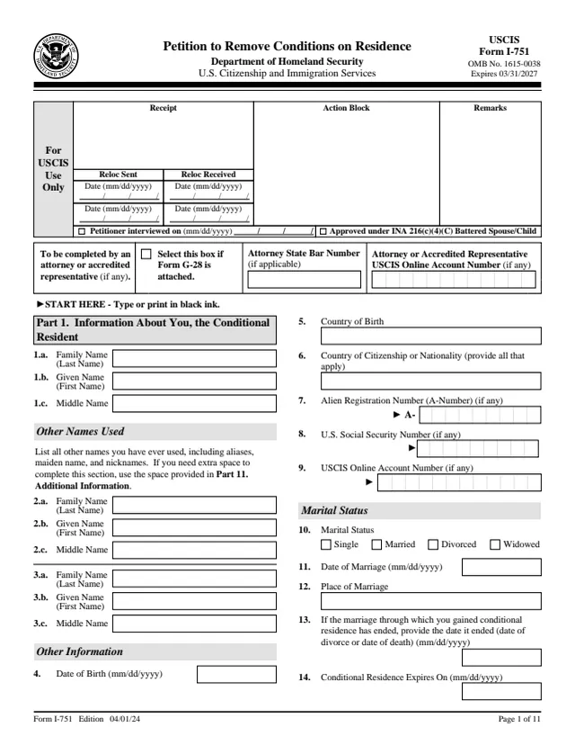 Page 1 of form I-751