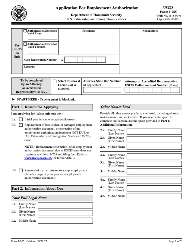 Page 1 of form I-765