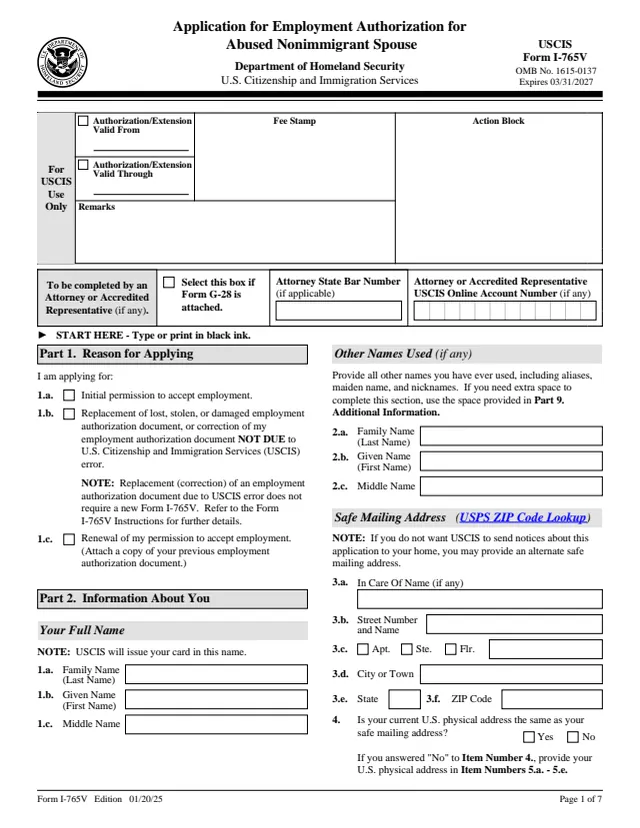 Page 1 of form I-765V