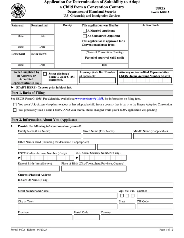 Page 1 of form I-800A
