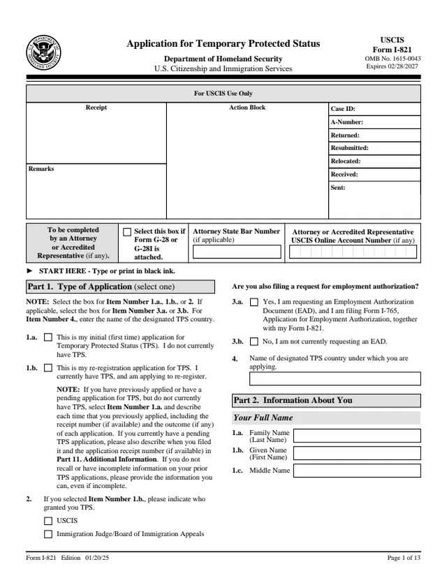 Page 1 of form I-821