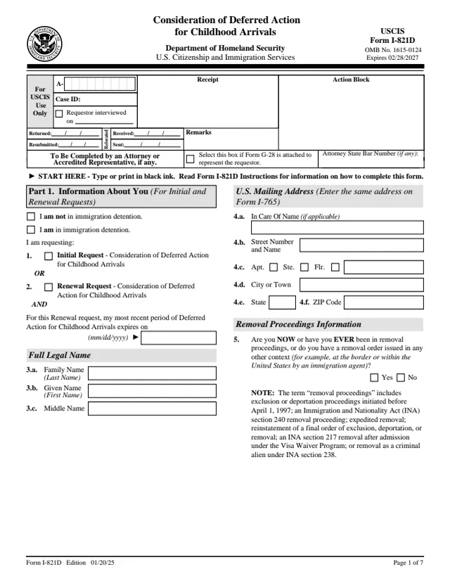 Page 1 of form I-821D