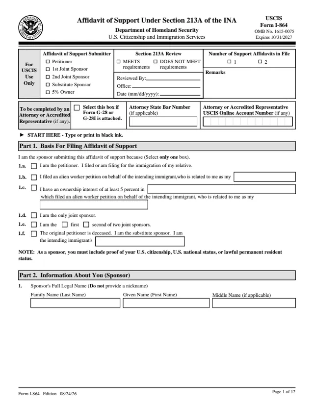 Page 1 of form I-864