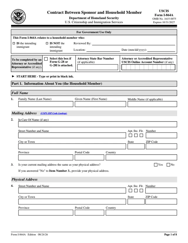 Page 1 of form I-864A