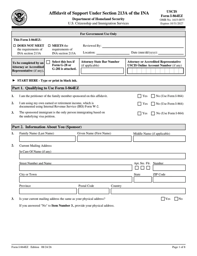 Page 1 of form I-864EZ