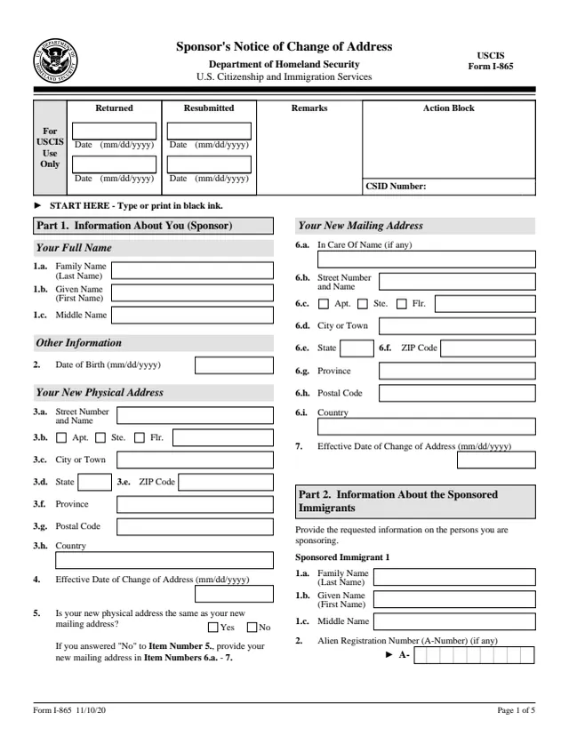 Page 1 of form I-865