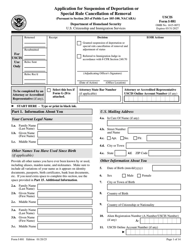 Page 1 of form I-881