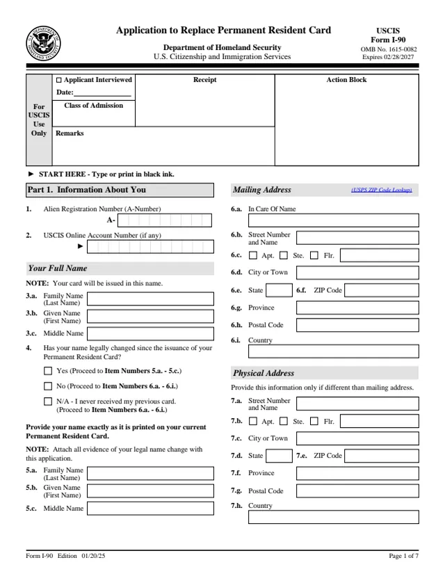 Page 1 of form I-90