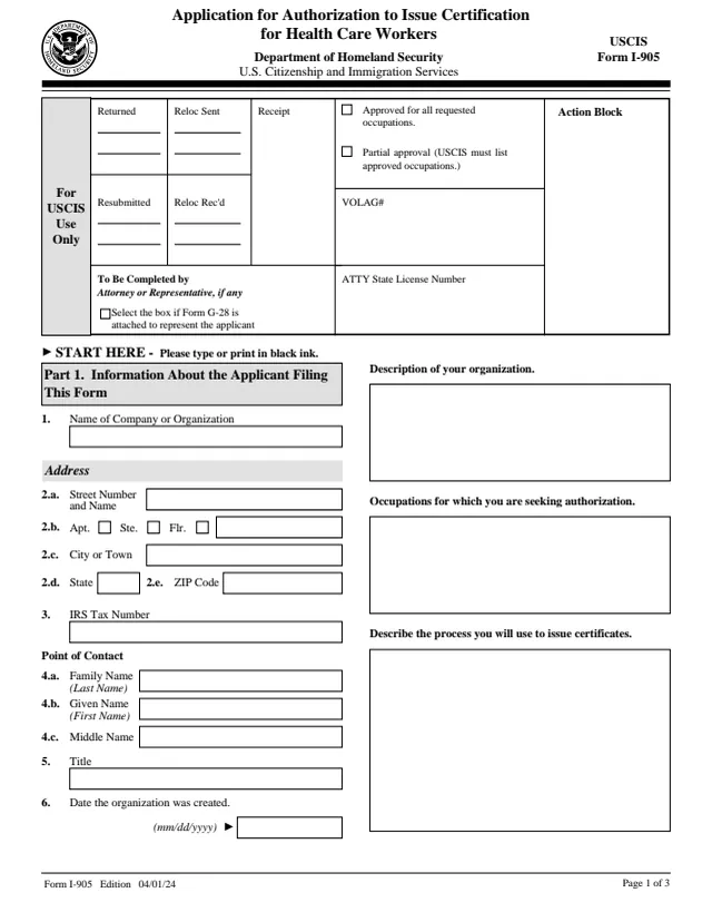 Page 1 of form I-905