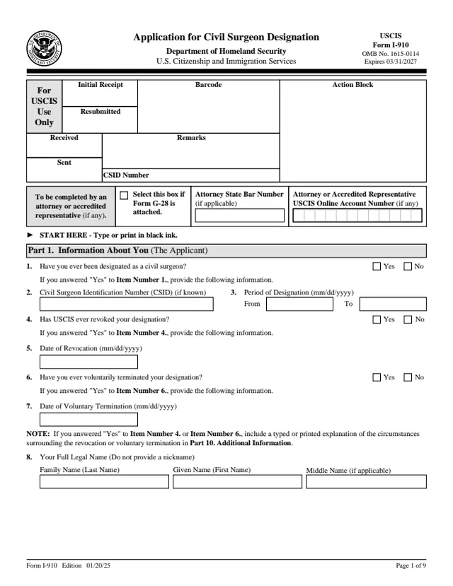Page 1 of form I-910