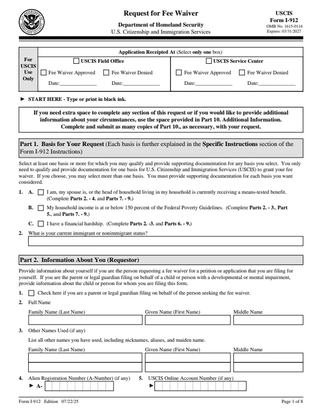 Page 1 of form I-912