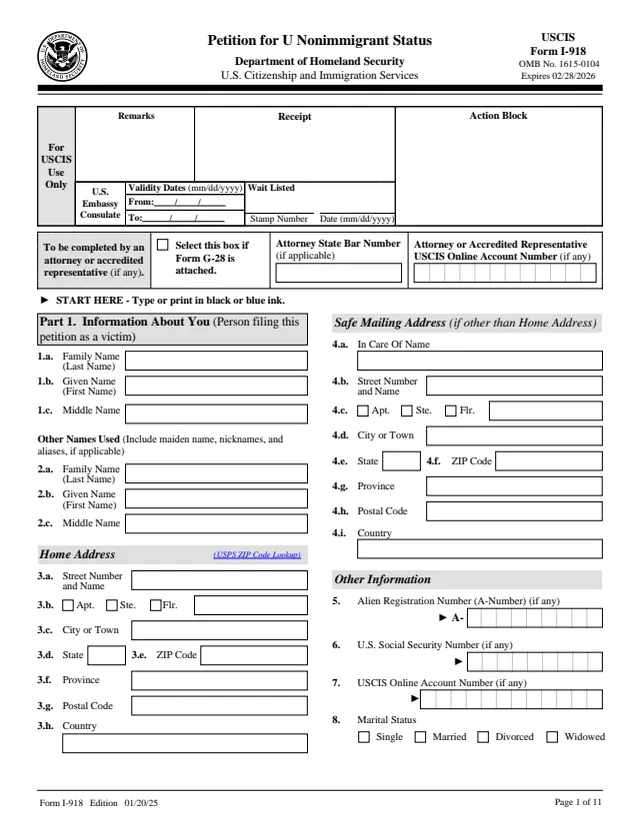 Page 1 of form I-918