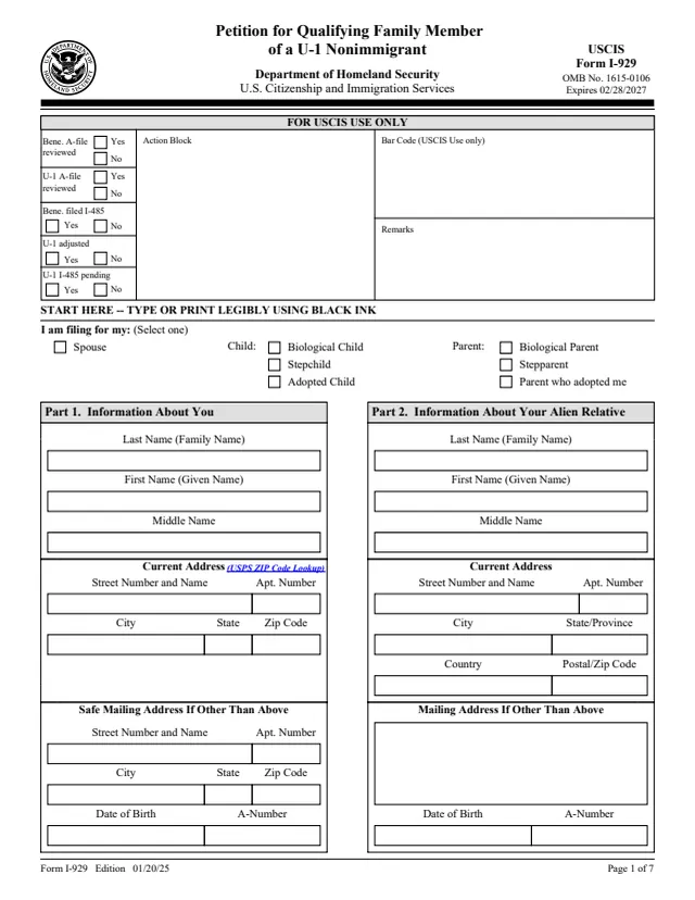 Page 1 of form I-929