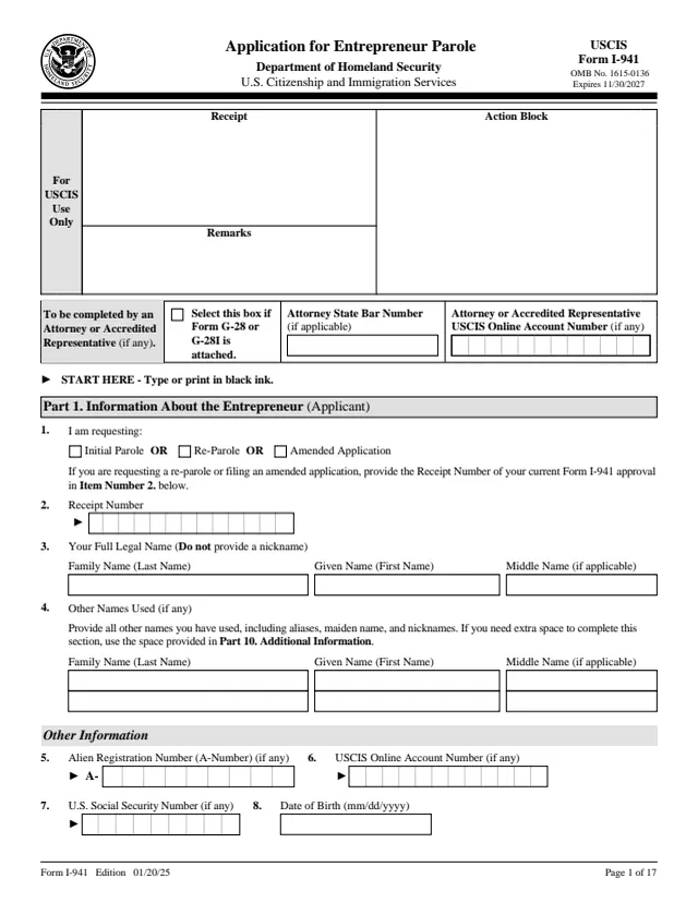 Page 1 of form I-941