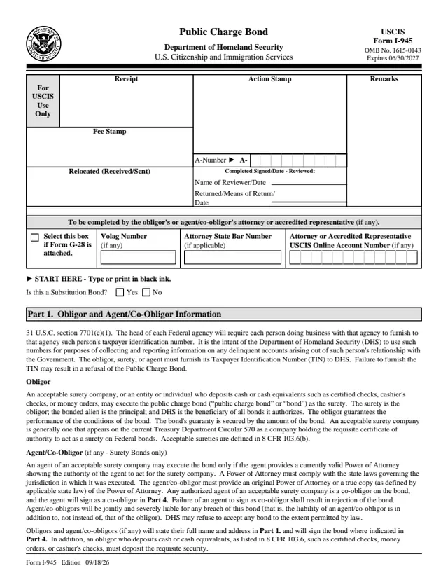 Page 1 of form I-945
