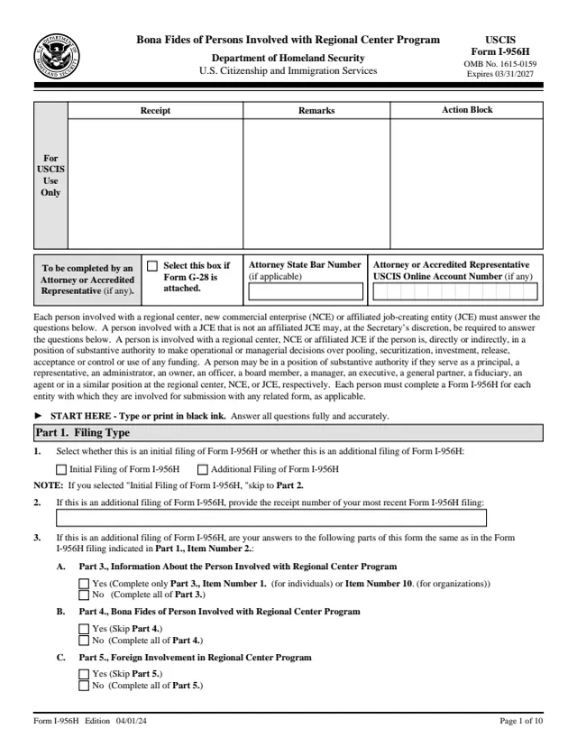 Page 1 of form I-956H