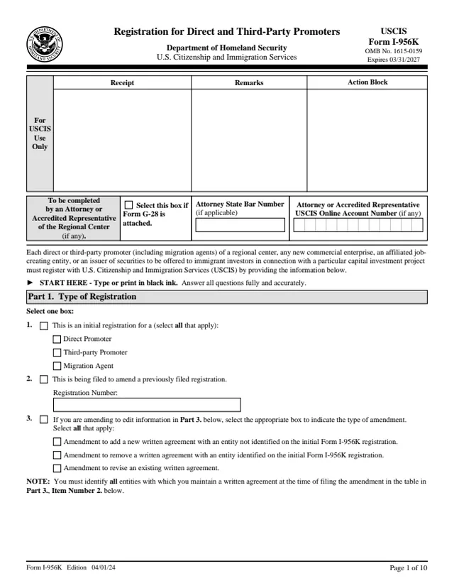 Page 1 of form I-956K