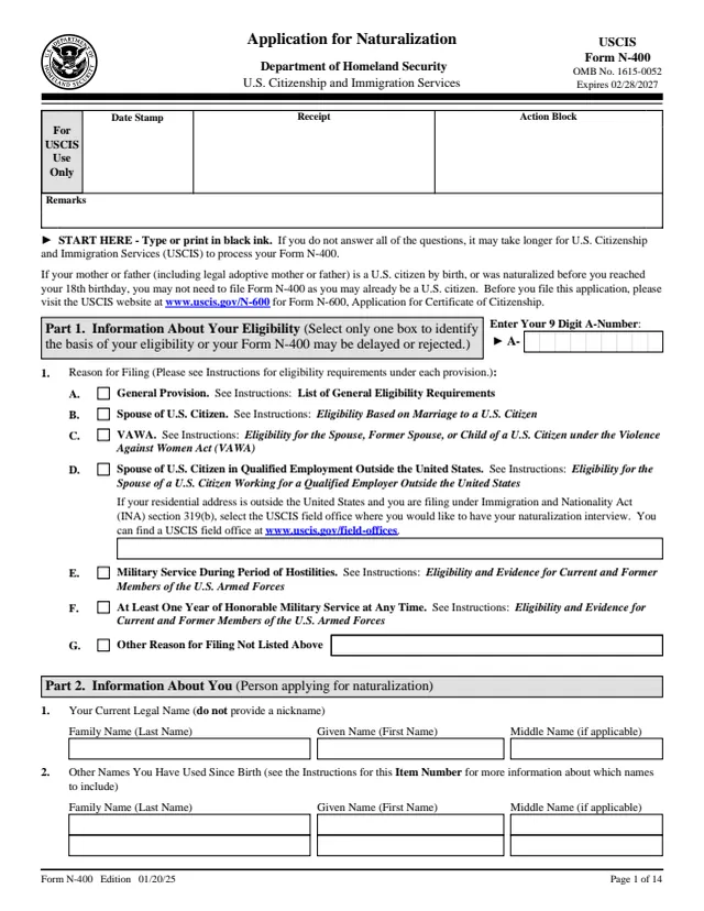 Page 1 of form N-400