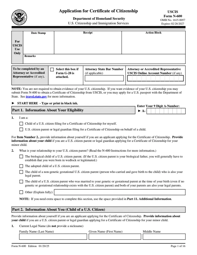Page 1 of form N-600